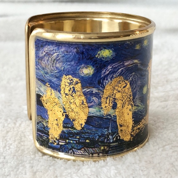 SOLD.  24k Flecked-Gold Leaf Starry Night Cuff - Picture 2 of 6
